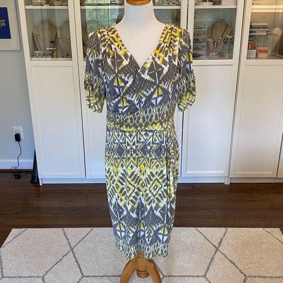 Tahari 💛 Yellow And Grey 🩶 Size 12 Faux Wrap Dress EUC - Picture 1 of 8